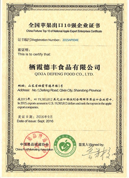 全國(guó)蘋果出口10強(qiáng)企業(yè)證書